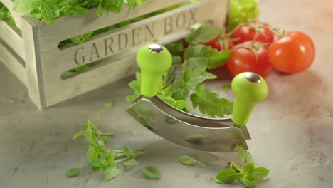 cinemagraph fresh garden herbs and mezzaluna knife with wooden box