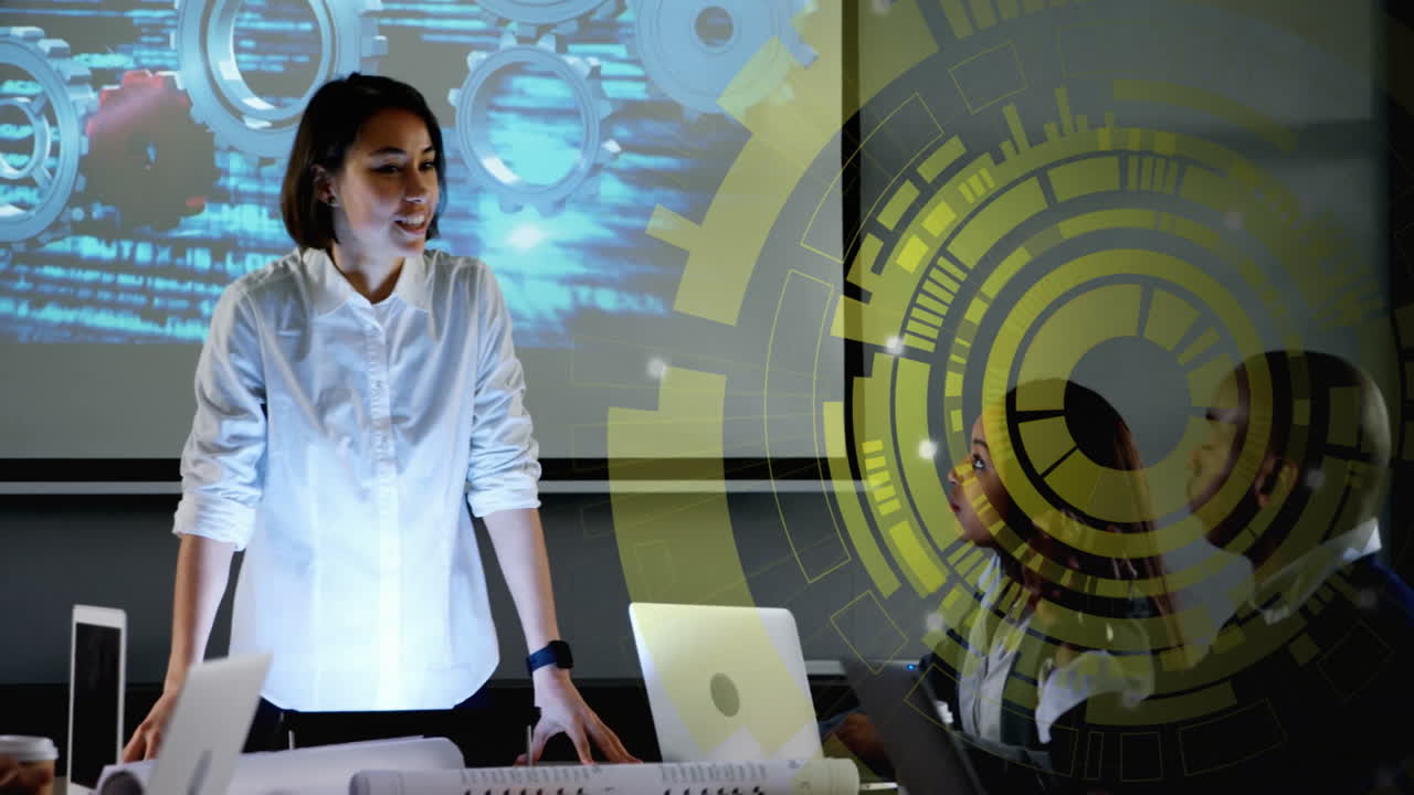 Businesswoman presenting in meeting room with digital technology animation overlay