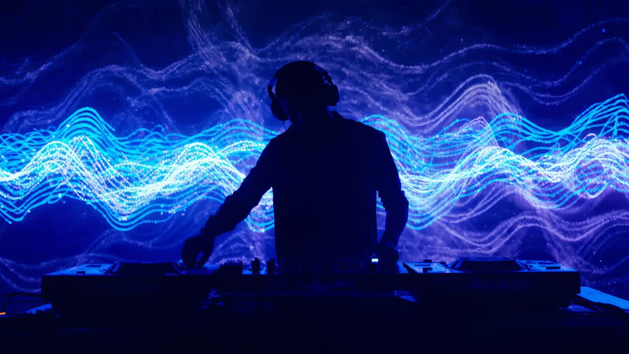 Pulsing LED driving DJ on dark stage wearing headphones and jacket, mixing decks and syncing peaks