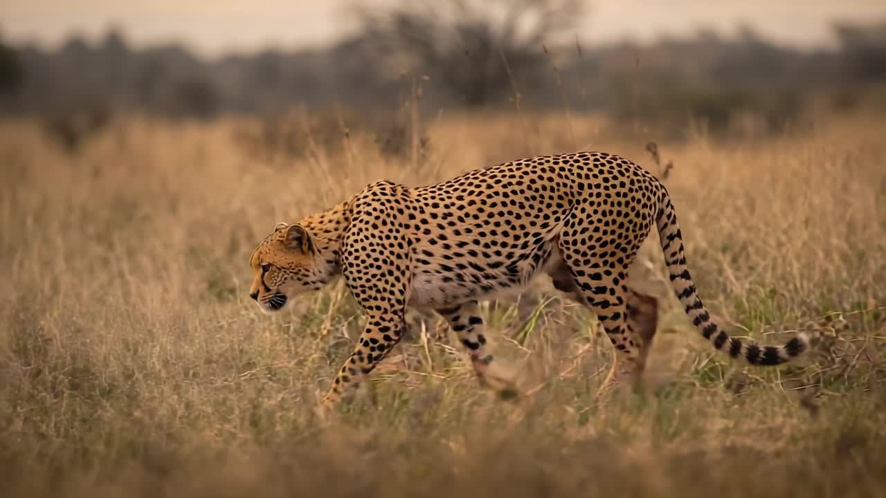 Head lowering and focusing gaze, solitary cheetah patrolling savanna with dry grasses and shrubs
