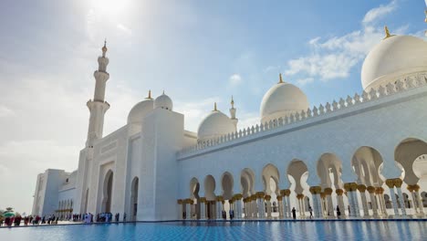 abu dhabi city sunny day grand mosque front pool facade panorama 4k time lapse uae