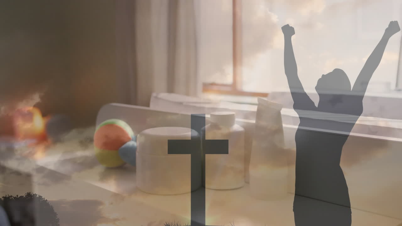 Raising arms, person in silhouette over cross with Easter eggs on table