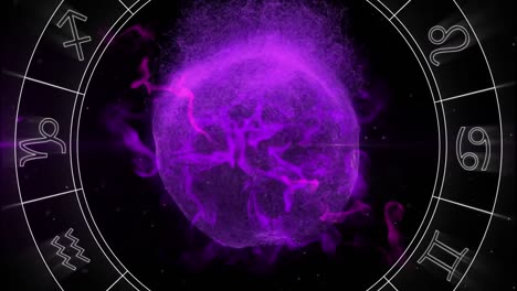 animation of glowing purple globe with spinning zodiac wheel on black background