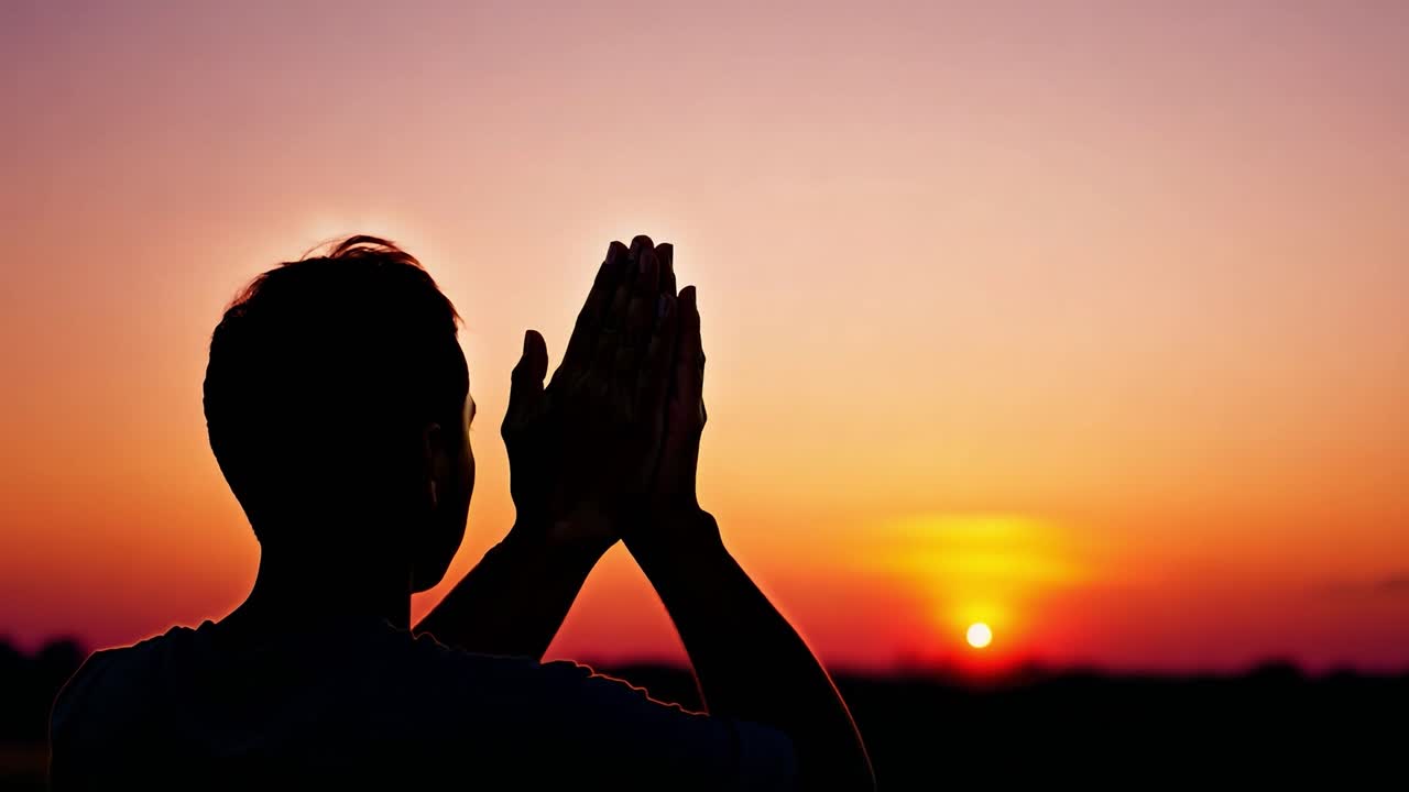 silueta de un hombre levantando las manos en oración contra una impresionante puesta de sol, encarnando la fe y la espiritualidad en la belleza de la naturaleza