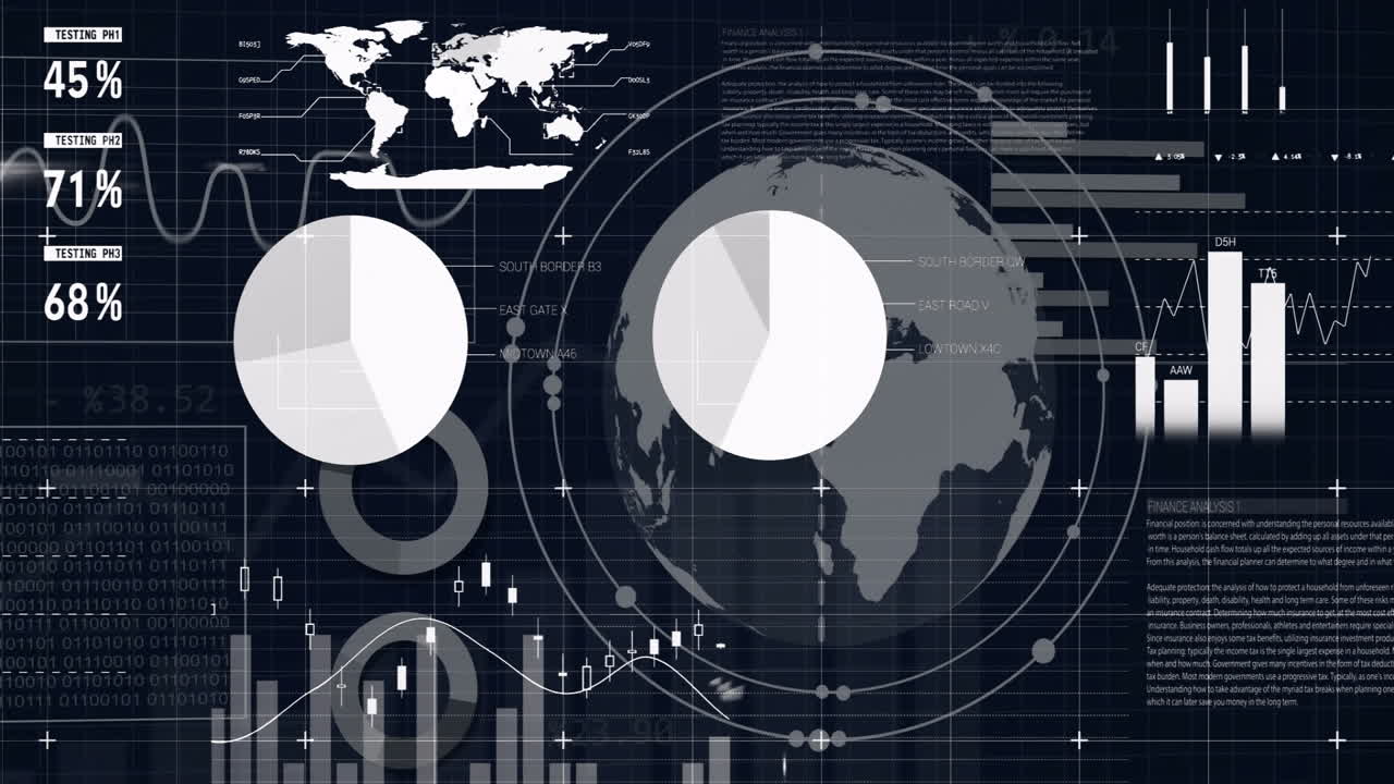 Global data analytics and statistics over world map and globe animation