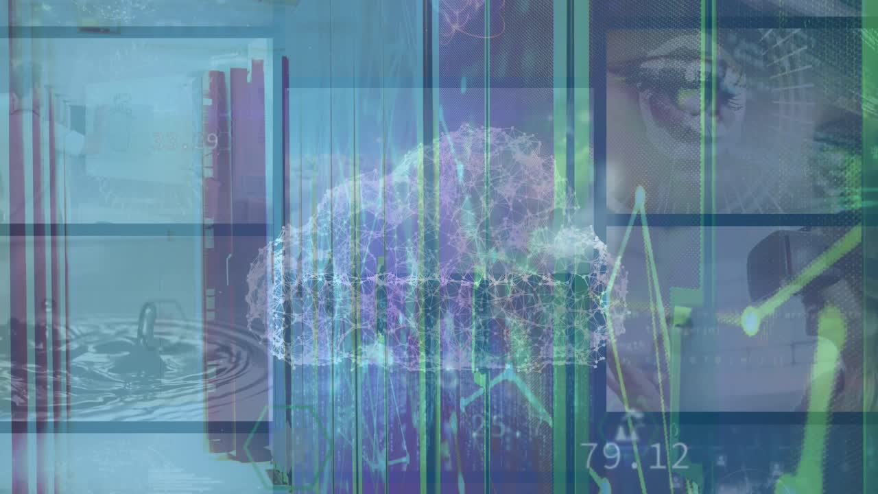 animación de nubes digitales sobre pantallas con datos y conexiones