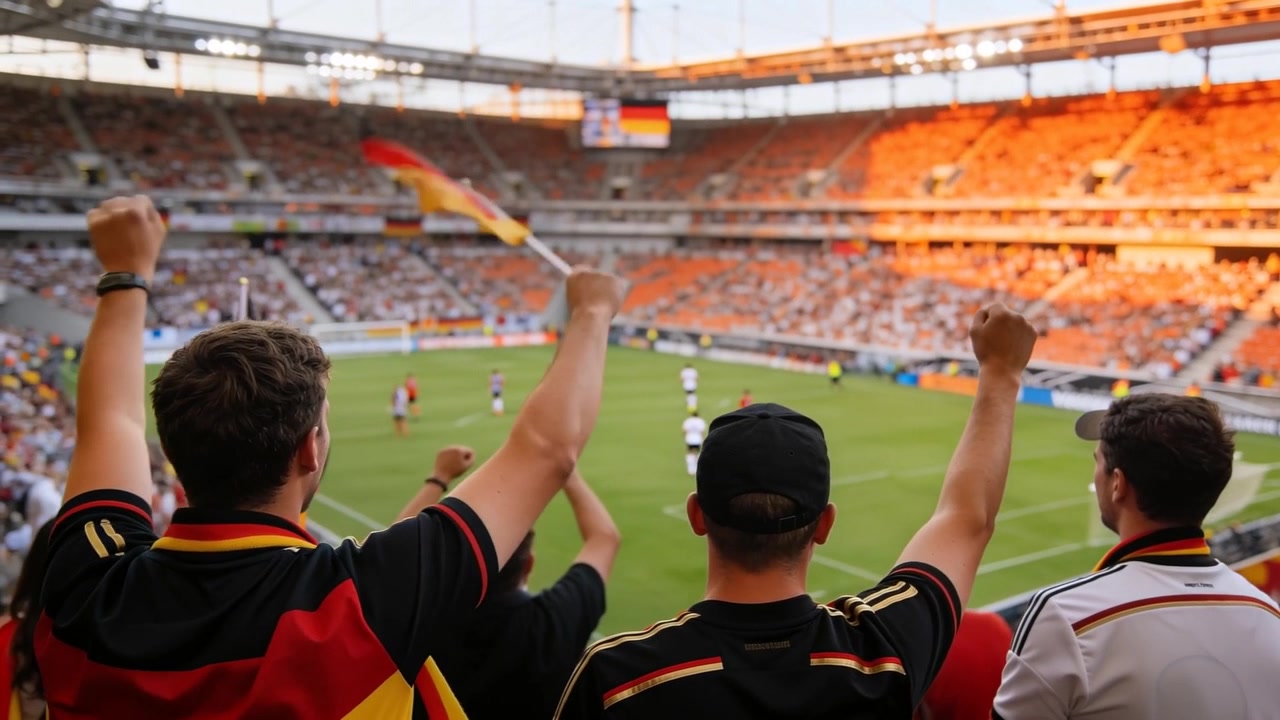 Tres aficionados alemanes animando con camisetas y bufandas, ondeando una bandera, viendo un ataque en el campo