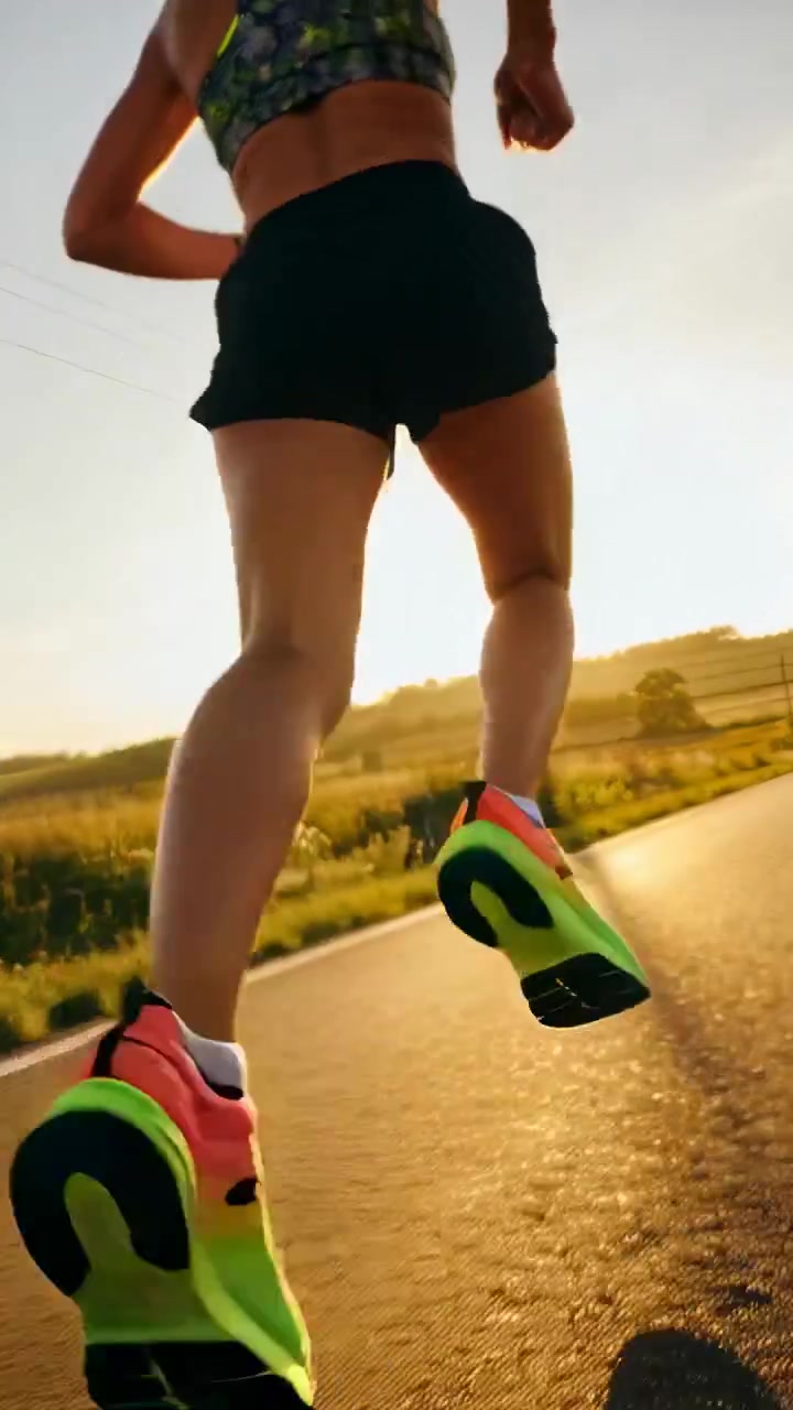 Vertical video: Running woman in black shorts starting strides from left plant on road, neon shoes