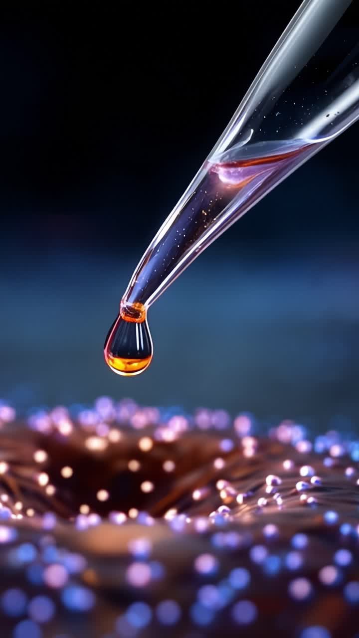Gros plan sur une goutte de pipette prête à tomber sur une surface aux couleurs vives avec des bulles, représentant la précision dans la manipulation des liquides et la science.