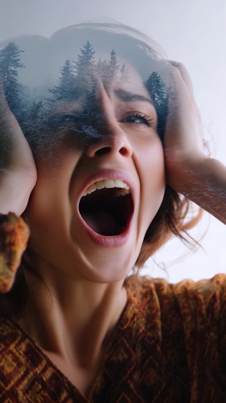 Agitación emocional: Un retrato de luchas internas y sentimientos abrumadores capturados en una expresión poderosa contra un telón de fondo de calma y caos natural.