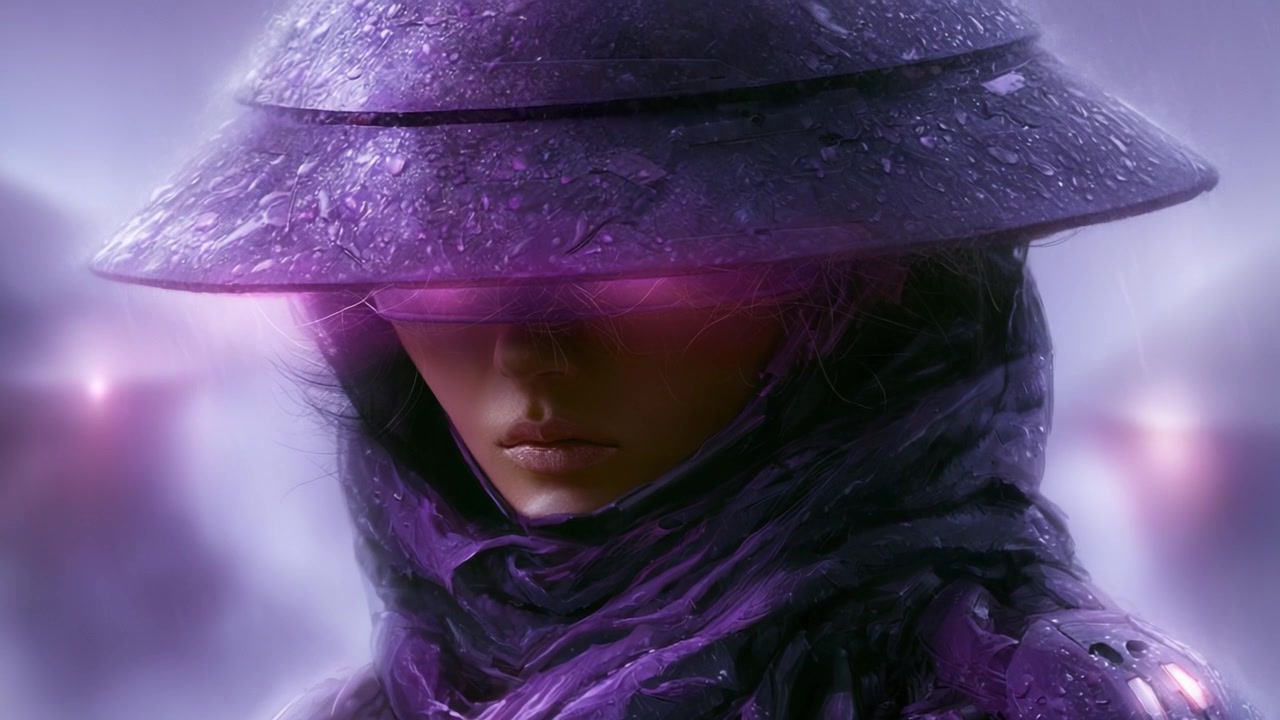 Una figura mistica avvolta nell'umidità e nell'ombra, con un cappello viola, si erge risolutamente in un mondo piovoso ed etereo, emanando un'aria di mistero e intrigo.