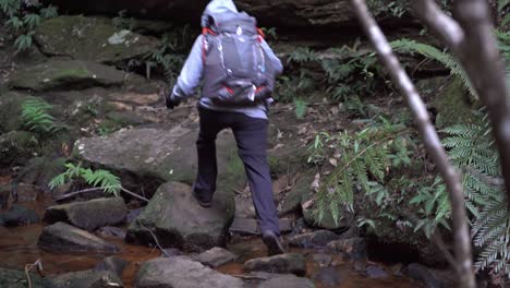 Indigenous-Australian-girl-crossing-a-small-stream-while-hiking-through-the-dense-Australian-bush