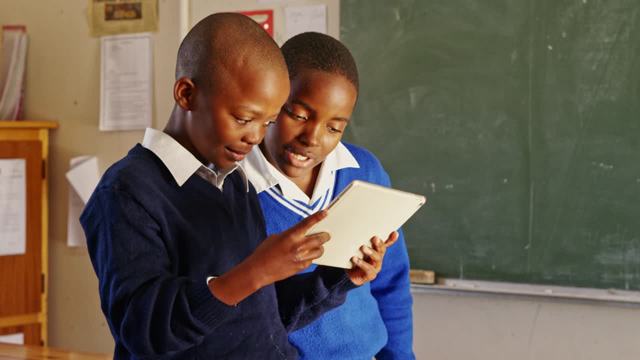 Schoolboys using a tablet during a break at a township school 4k
