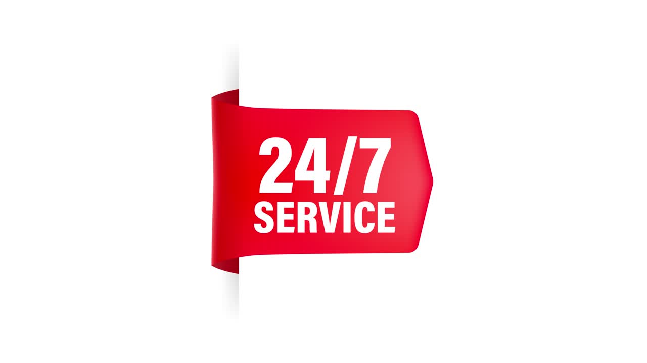24 hours a day and 7 days a week icon, red ribbon isolated on white background. Motion graphics.