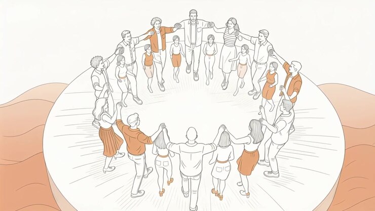 Camera rising revealing adults in orange joining hands on raised platform opening for inner ring