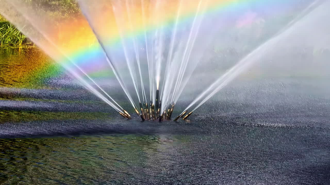 Colorful rainbow over water fountain spraying in park pond at sunny summer sunset