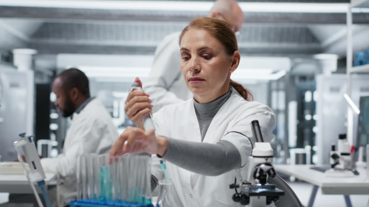 Medical professional in lab pipetting blue liquid into test tube to analyze it