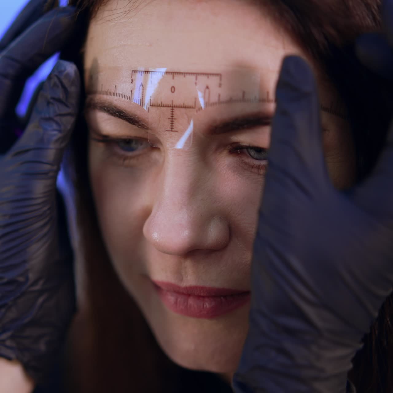 Cosmetologist in black gloves attaches liner on the female client's forehead. Procedure of eyebrows permanent make up. Close up