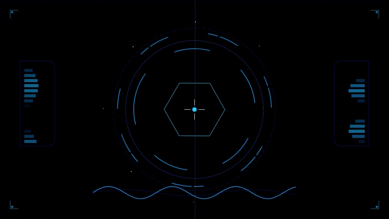 Futuristic Digital HUD Interface with Rotating Hexagon Target