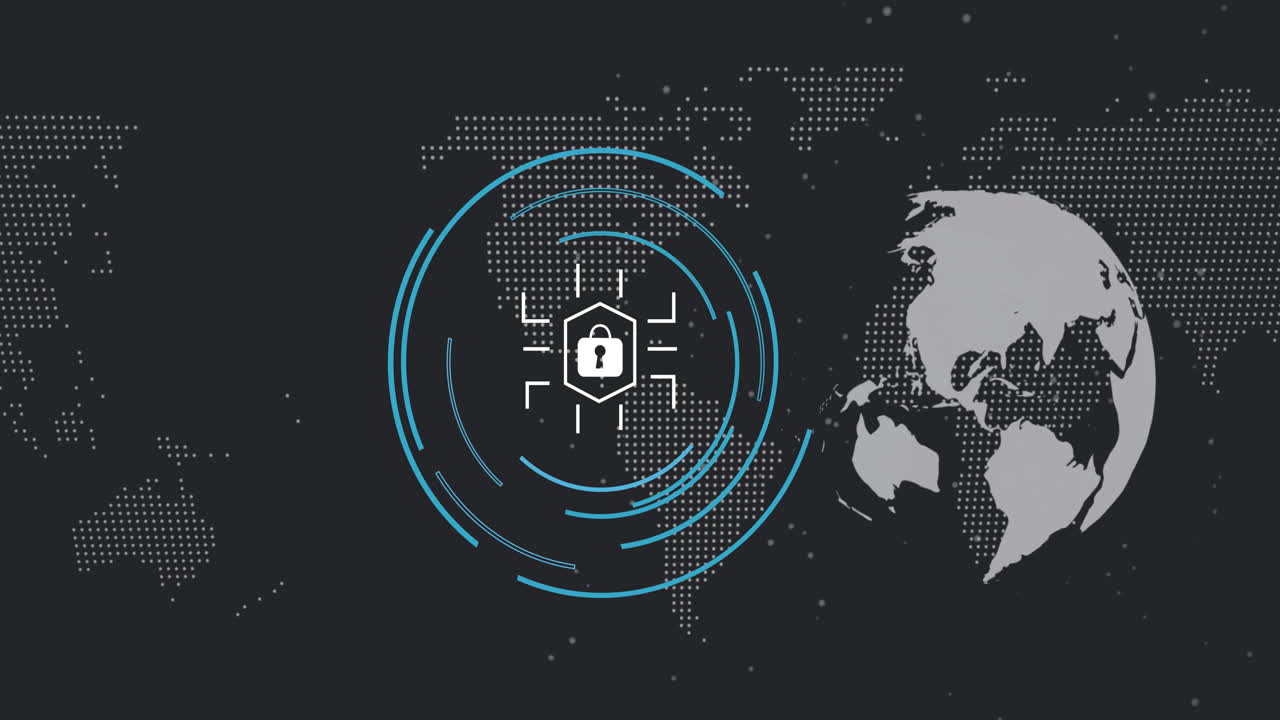 Security padlock glowing within hexagon, circuit lines extending over dotted map with blue arcs