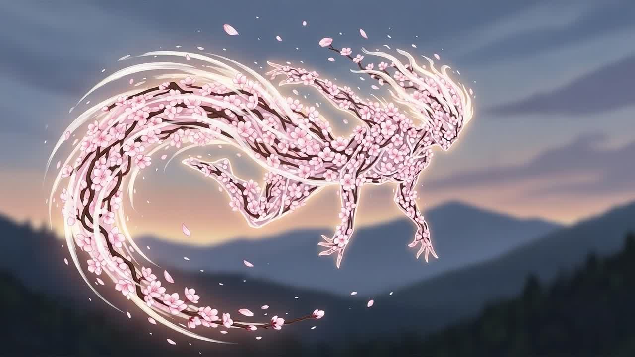 A graceful, ethereal being composed of blooming cherry blossoms dances through the twilight skies, leaving a trail of pink petals against a mystical mountain backdrop