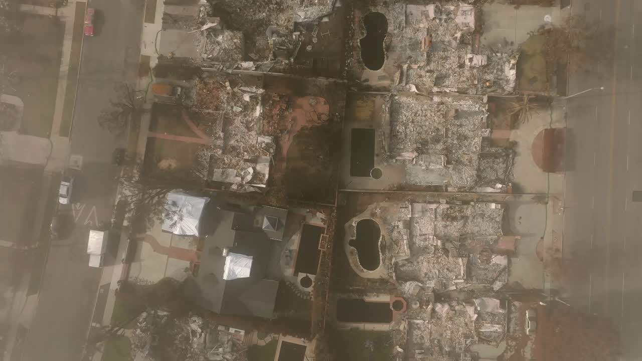 4K aerial of Pacific Palisades after the fire in January 2025, Los Angeles, California, USA.