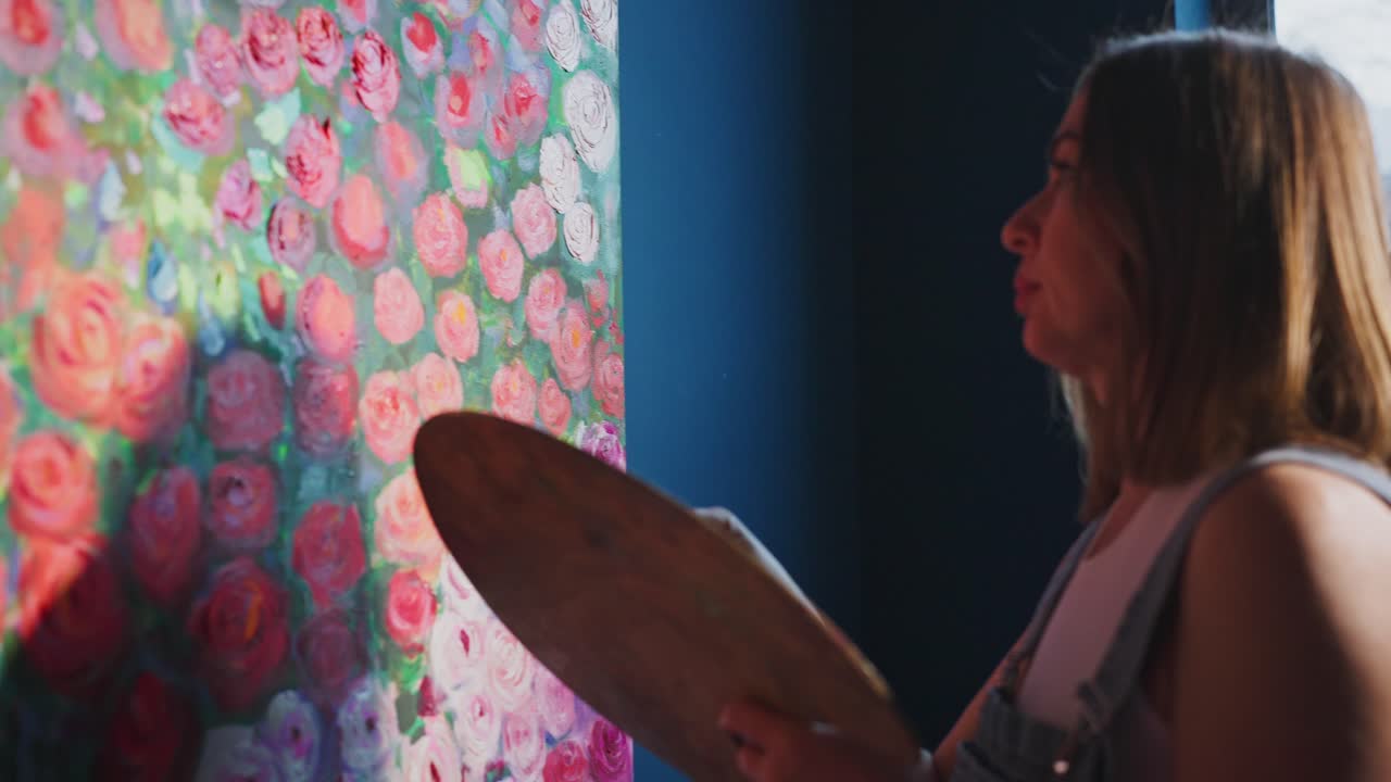 Mulher Artista Pintando Arte Floral Vibrante com Espátula