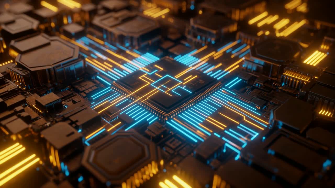 Digital Data Flowing on a Futuristic Computer Chip