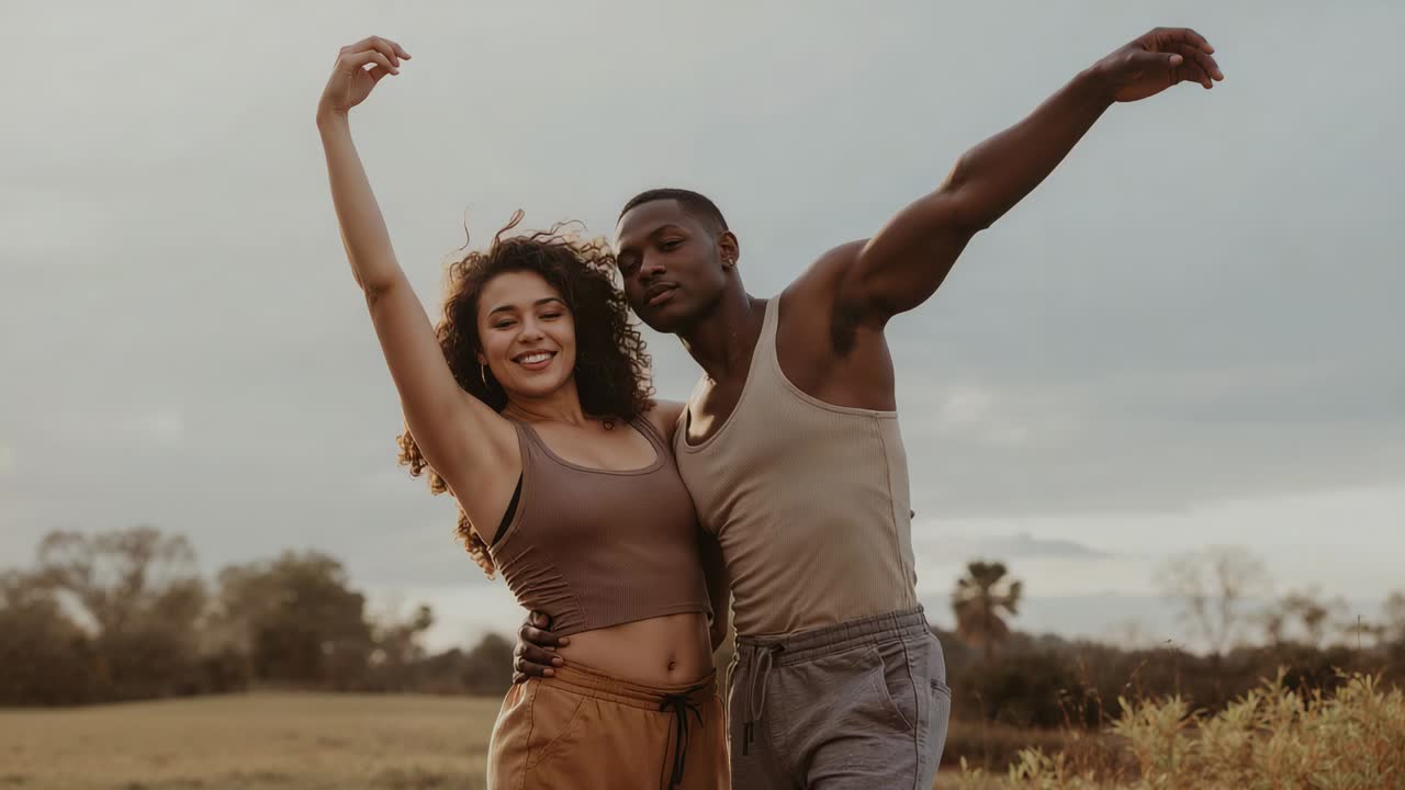 Enregistrement d’un couple posant dans un champ herbeux, femme levant le bras, homme tenant la taille, en débardeurs et pantalons