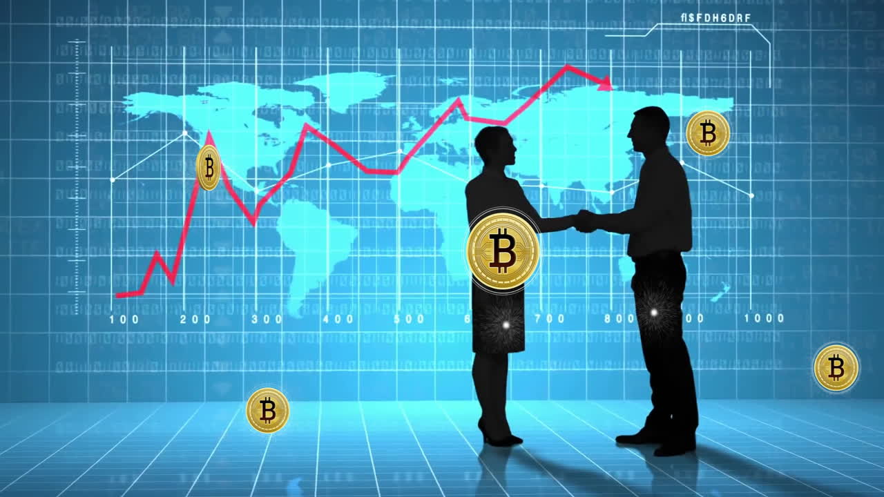 apretando la mano, gente de negocios discutiendo criptomonedas y datos financieros globales