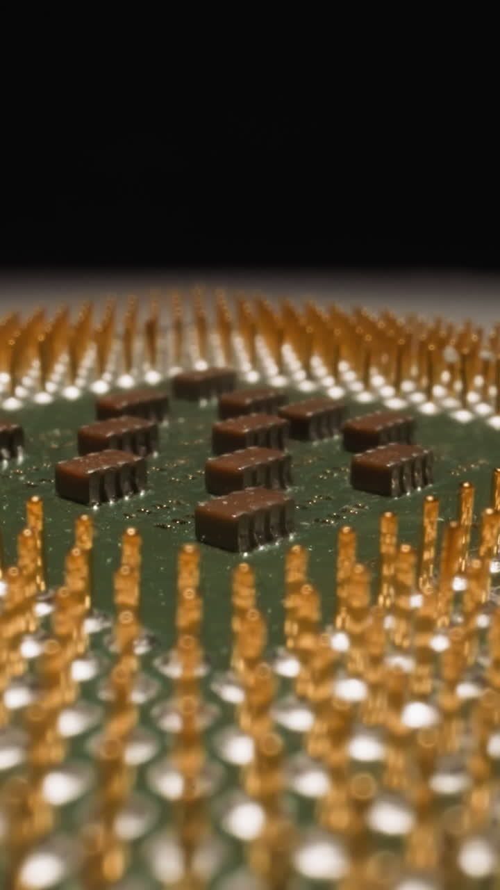 Modern CPU with connection pins on table on black background. Central part of computer performing information conversion specified by program macro