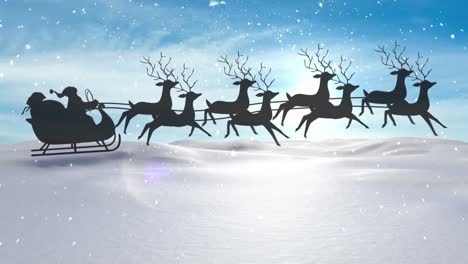 Animation-of-snow-falling-over-santa-claus-in-sleigh-with-reindeer-and-winter-landscape