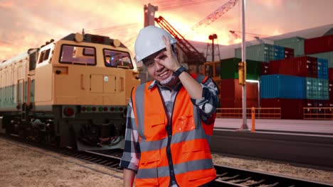 asian male engineer with safety helmet showing ok hand sign over eye and smiling to camera while standing with freight cargo train at port