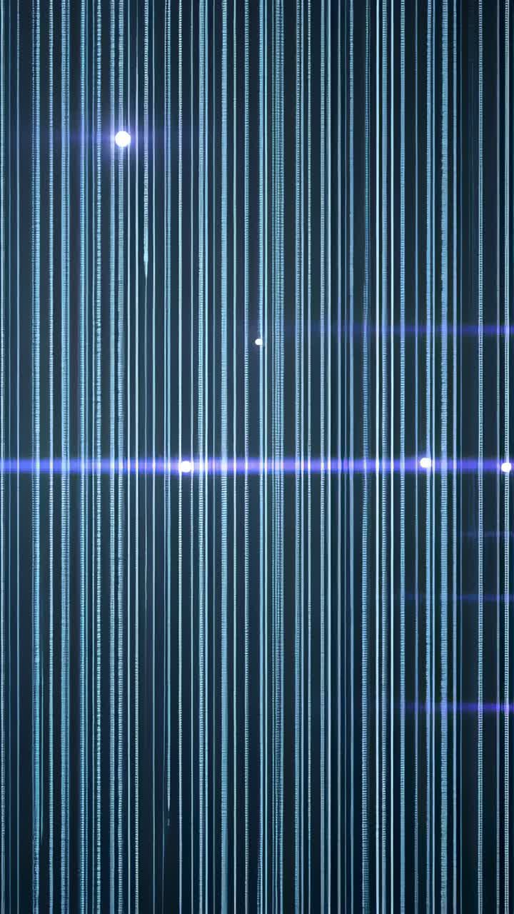 Vertical video: Looping animation streaming thin streams and dots falling in data rain, with flares