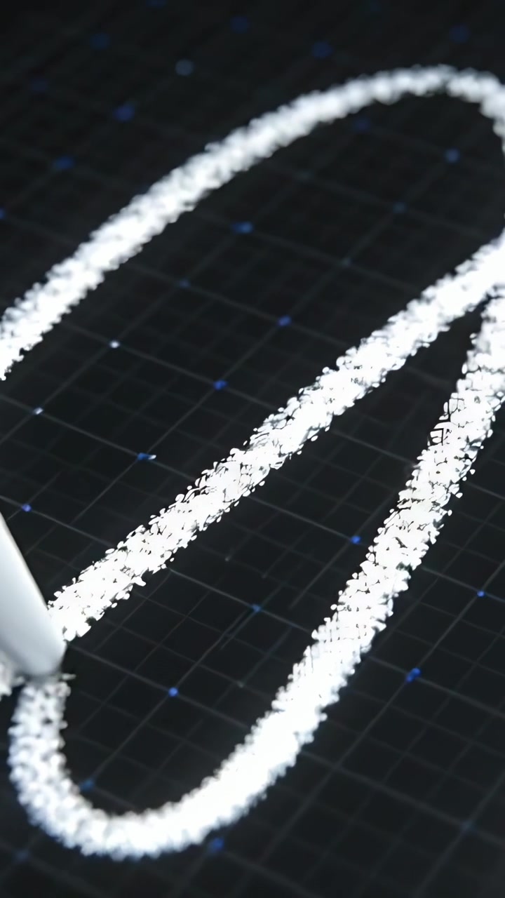 Vertical video: Touching white stylus tracing chalk stroke on grid with blue nodes, forming loop