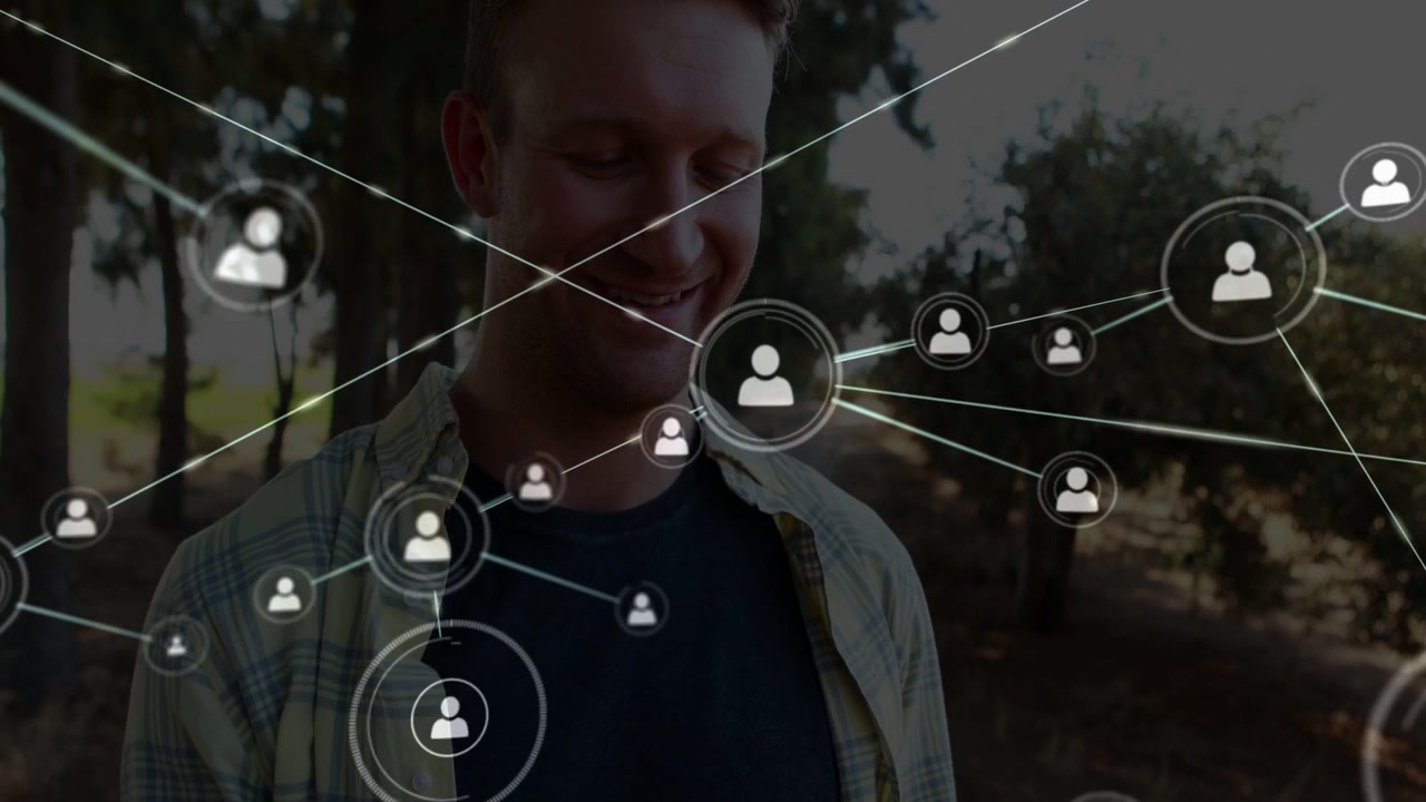 Man tapping phone, creating expanding tech network of user nodes circling face and revealing links