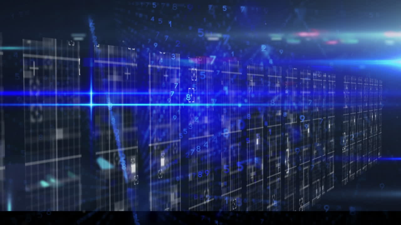 Animation of data processing and light trails over moving columns on black background