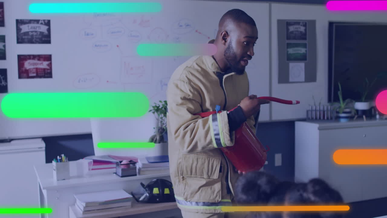 In school, firefighter demonstrating safety techniques with colorful animation overlay