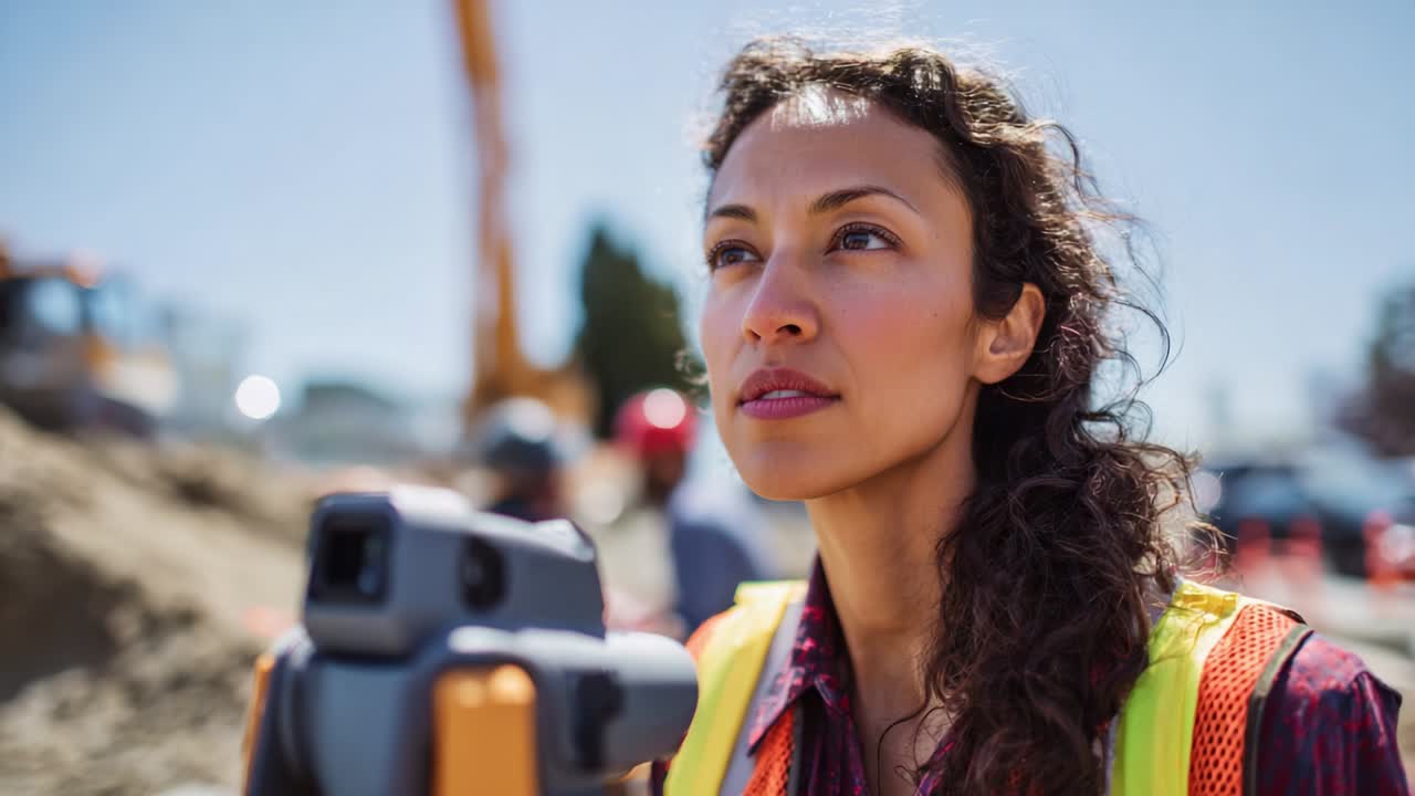 Focused and Determined Construction Surveyor At Work, Assessing Project Requirements and Using Equipment on Construction Site for Precision Measurements and Successful Project Completion