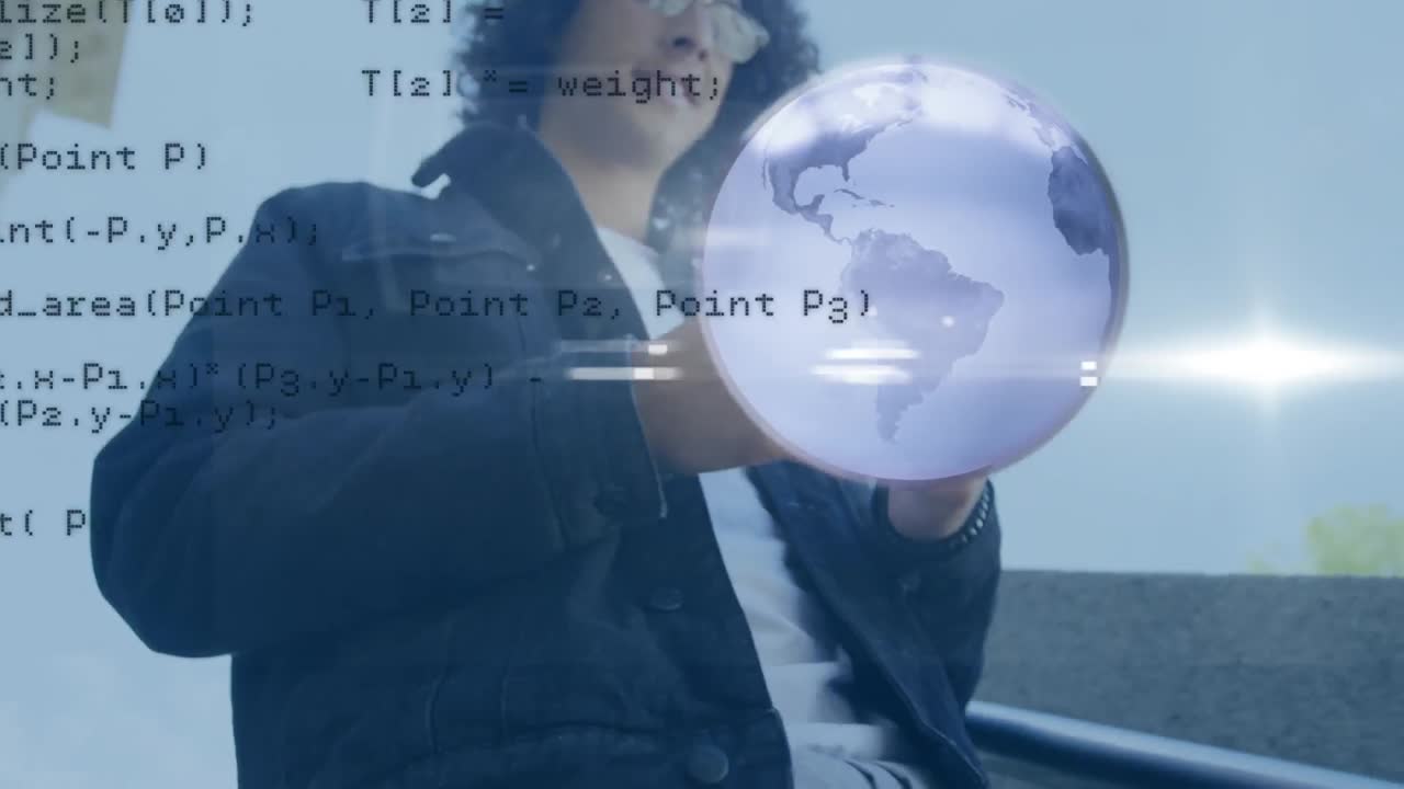 스마트폰을 사용하는 두 인종의 남자와 함께 전 세계 데이터 처리의 애니메이션