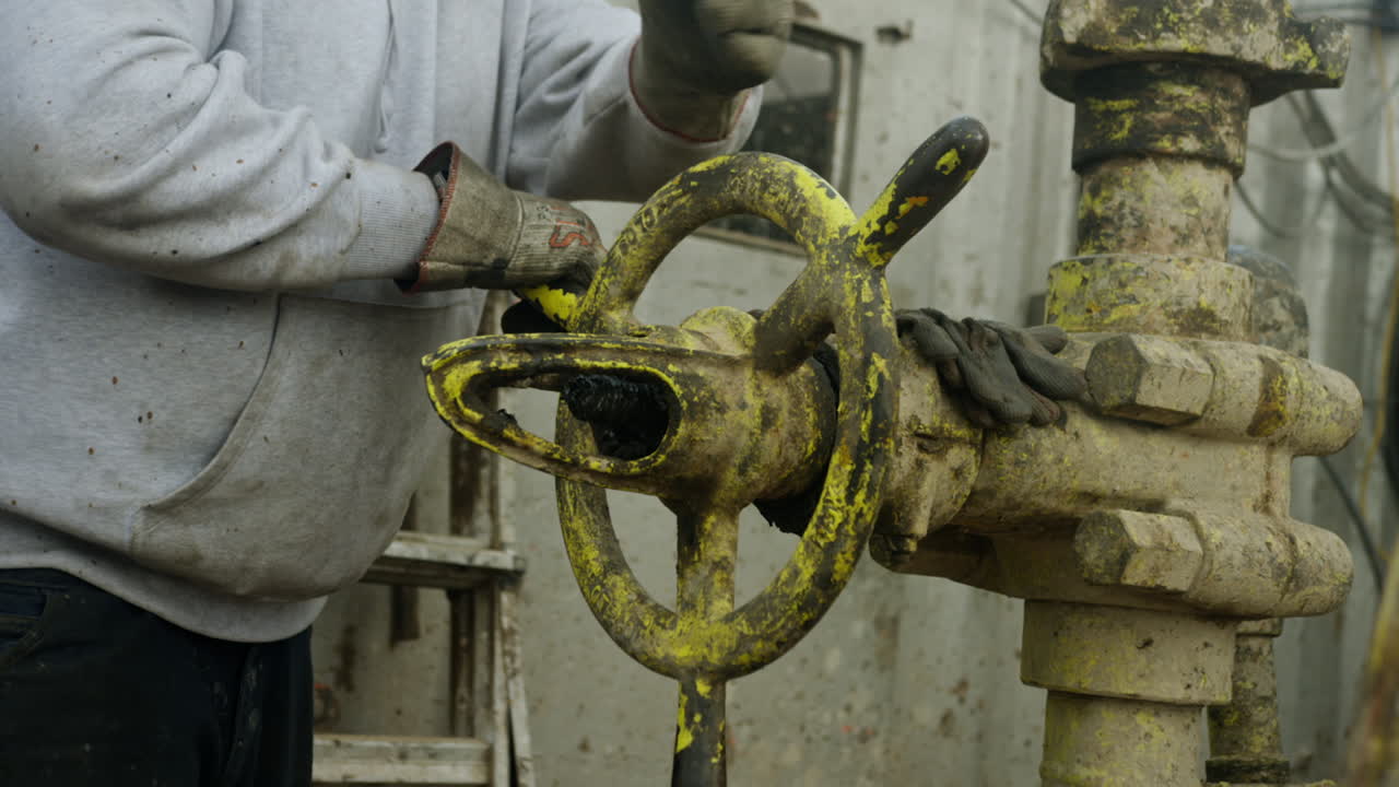 Unrecognized worker wearing dirty gloves rotates the large faucet on the oil pipe. Person at the drilling site managing the equipment.