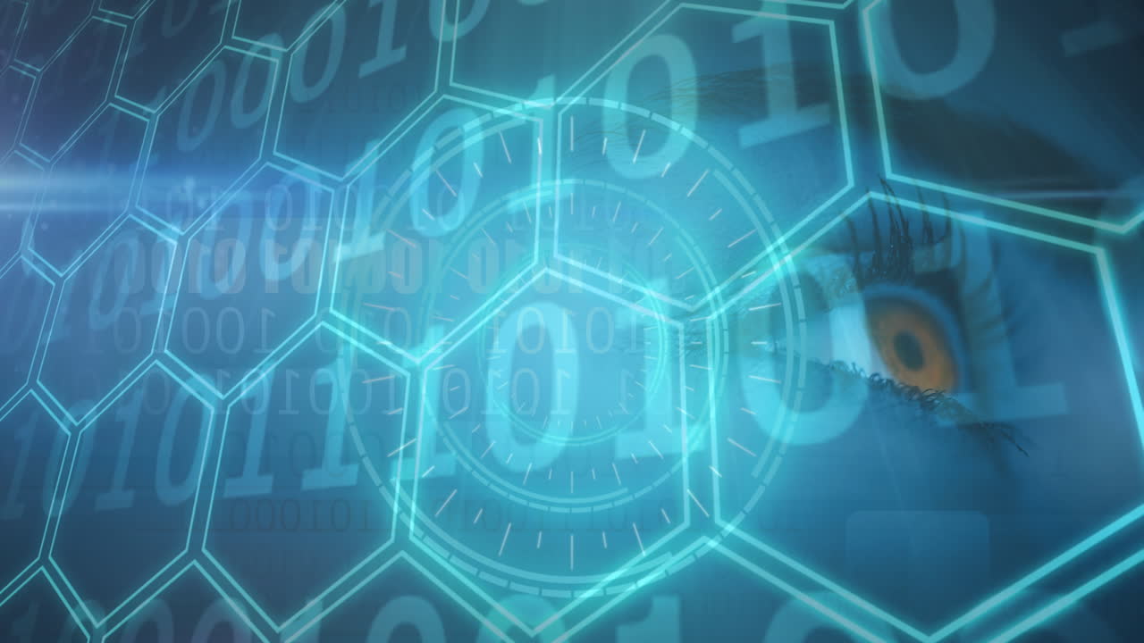 Animation of binary coding over scope scanning and network of hexagons over eye