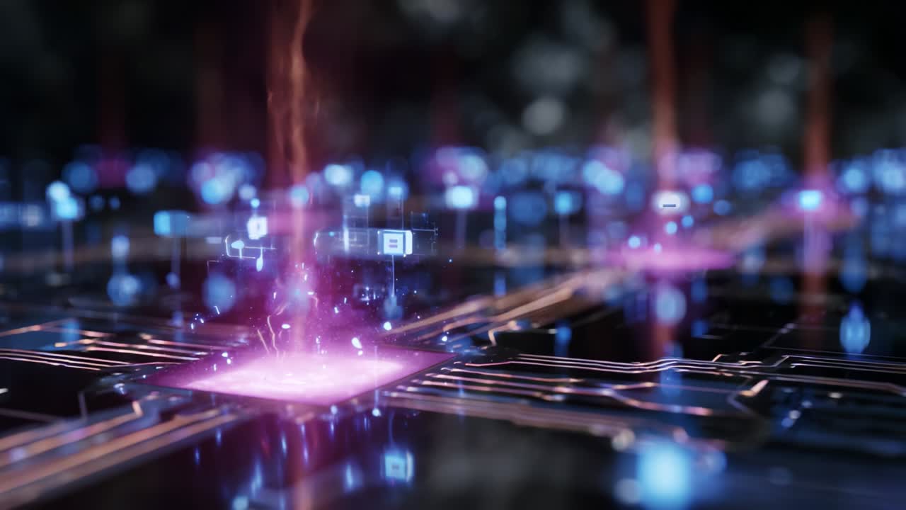 A Close-Up Exploration of Futuristic Circuitry Showcasing the Dynamic Flow of Energy and Data through Complex Microprocessors and Integrated Circuits in a High-Tech Environment