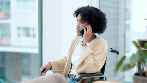 Phone-call,-wheelchair-and-a-business-woman