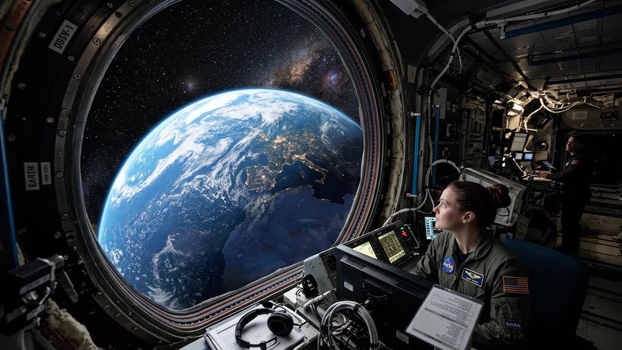 Astronauta observa el Planeta Tierra desde la ventana de una nave espacial
