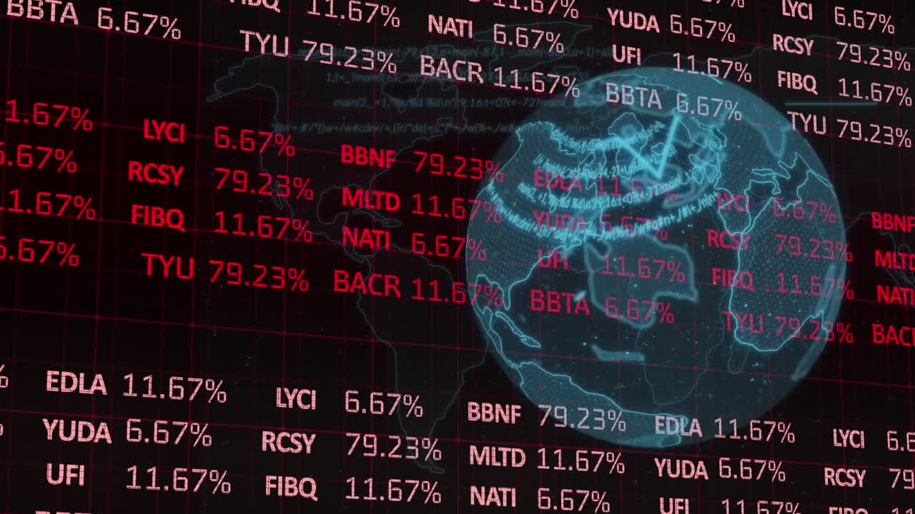 animación de líneas alrededor del globo y tablero de negociación sobre el mapa contra un fondo negro