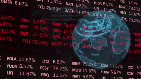 animation of lines around globe and trading board over map against black background