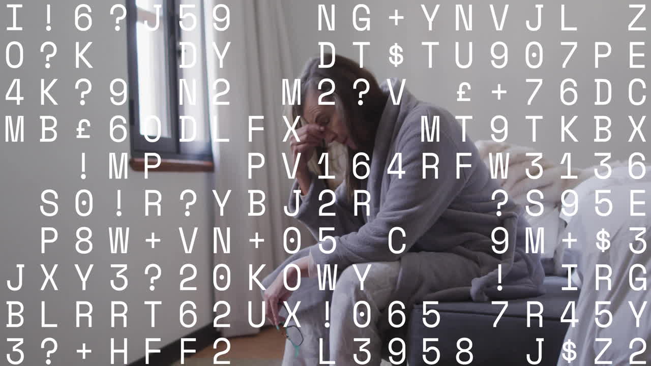 woman rubbing eyes on bed edge, showing health chart and floating heart icon animations