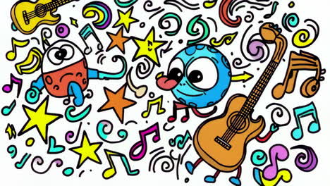 whimsical cartoon musical illustration with guitars and characters