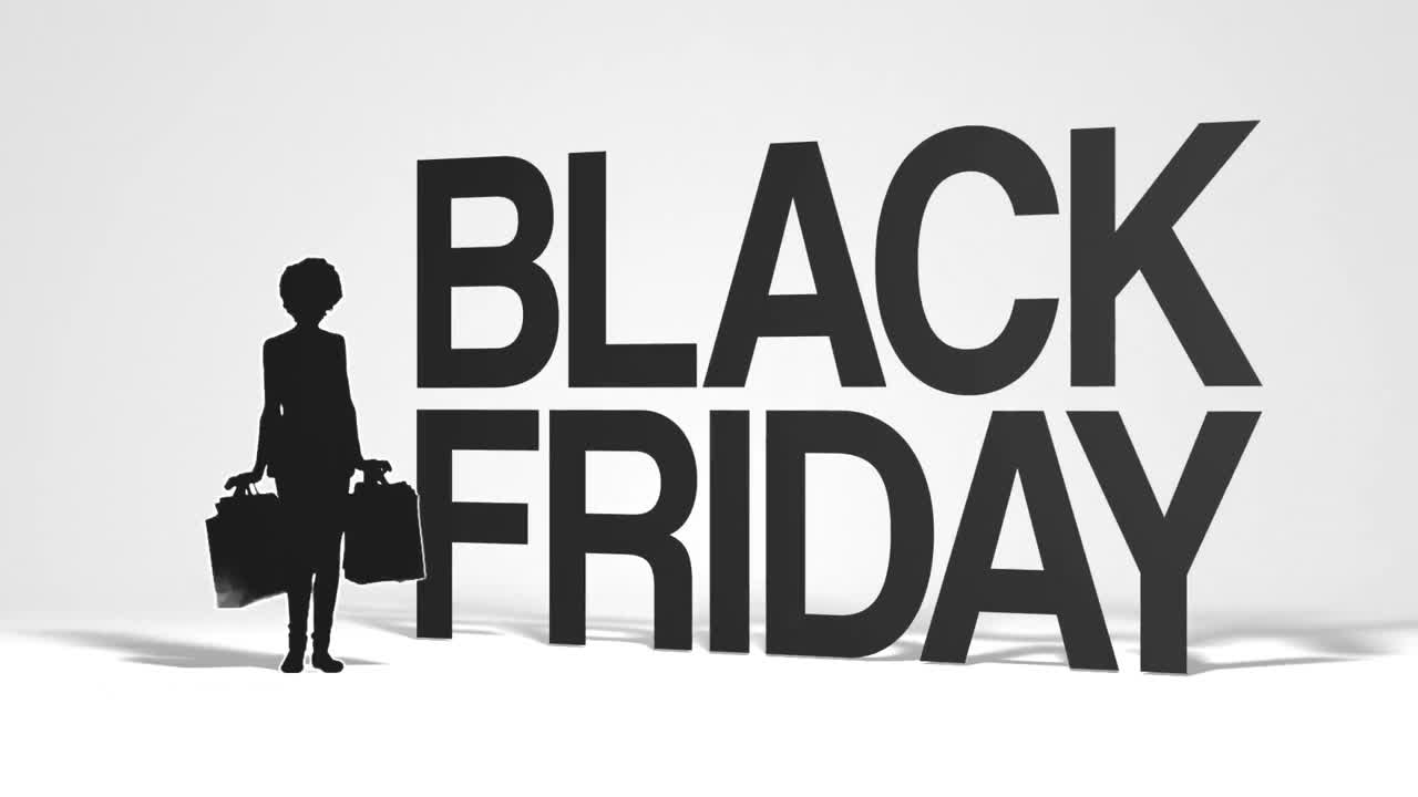 Woman with shopping bags against black friday logo